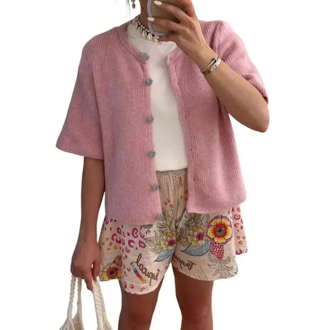 Cheryl – Soft Ribbed Button-Down Short Sleeve Cardigan