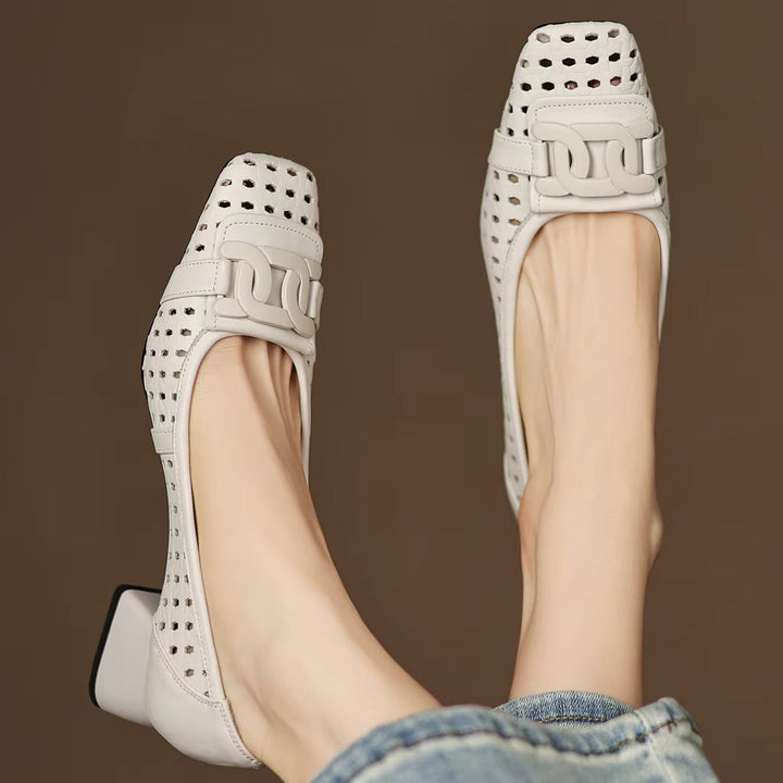 Solène – Perforated Leather Square Toe Heels