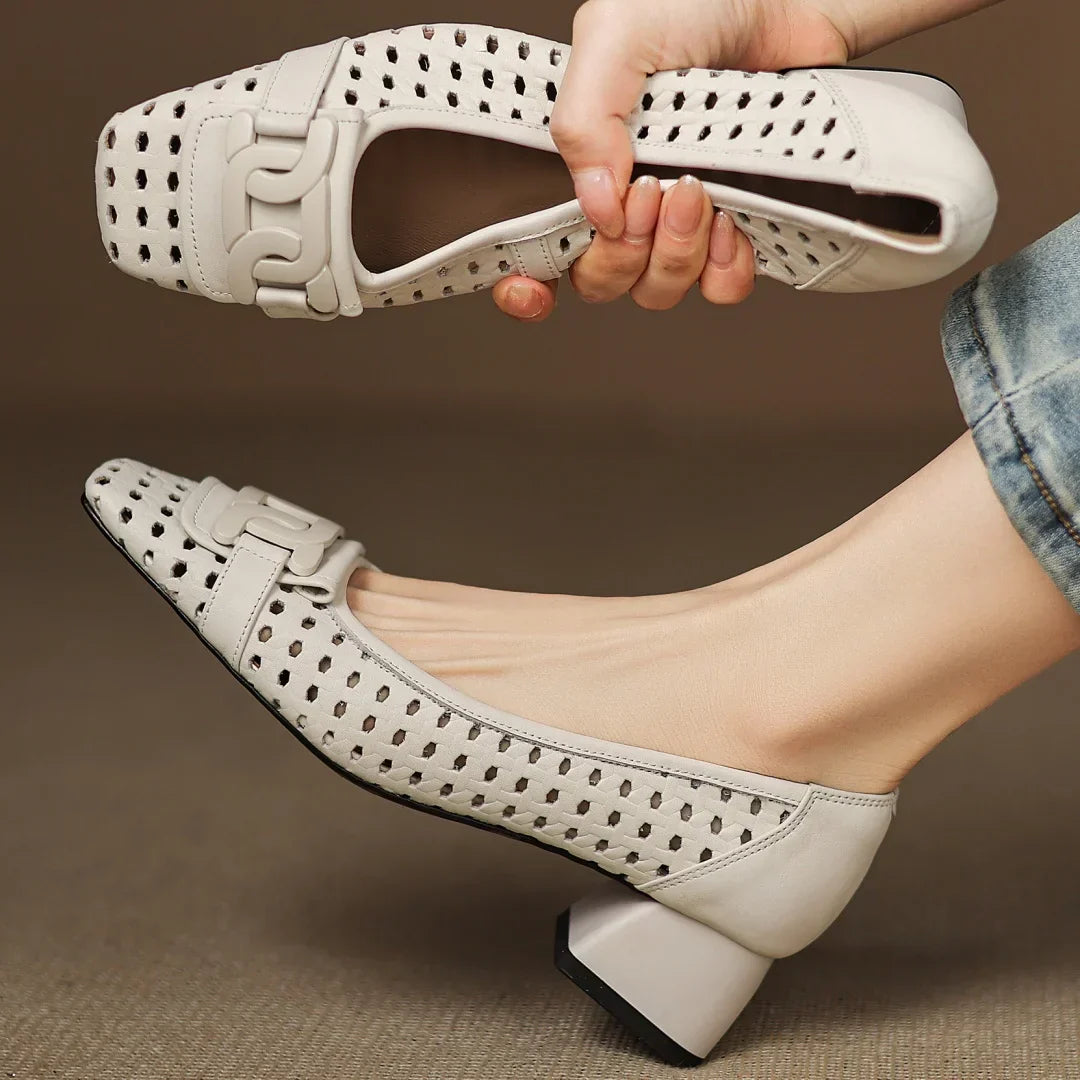 Solène – Perforated Leather Square Toe Heels