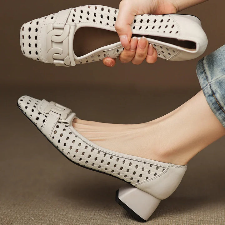 Solène – Perforated Leather Square Toe Heels