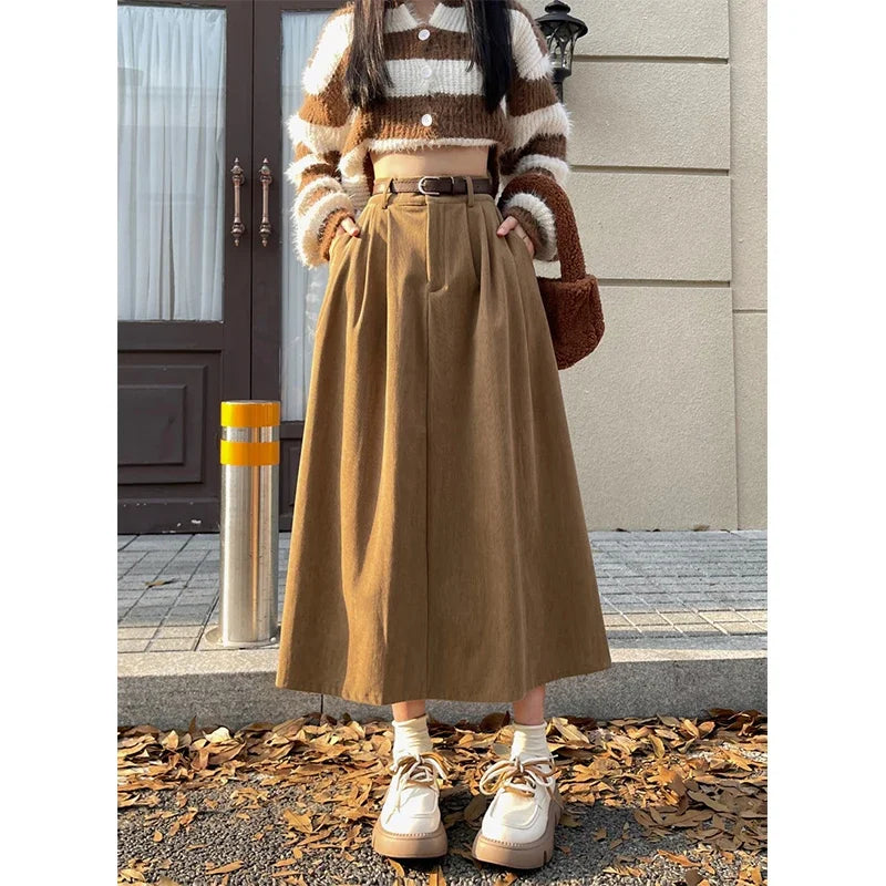 Estelle – Classic Belted Corduroy Midi Skirt