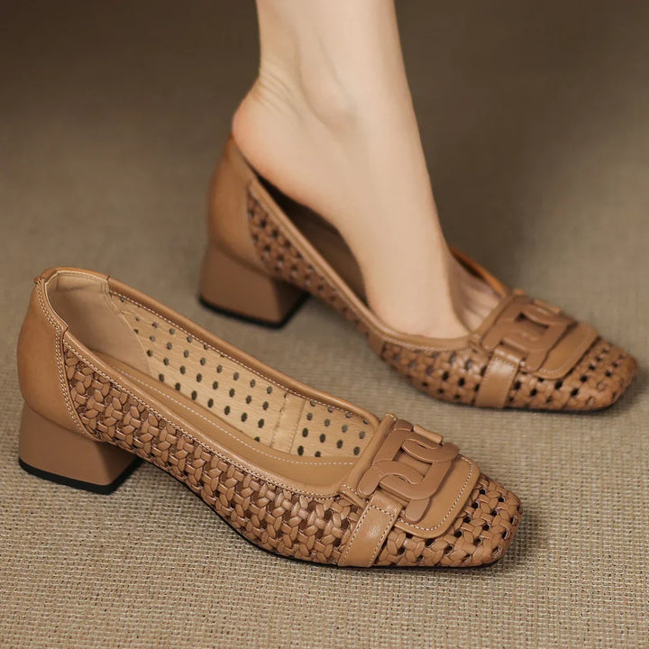 Solène – Perforated Leather Square Toe Heels