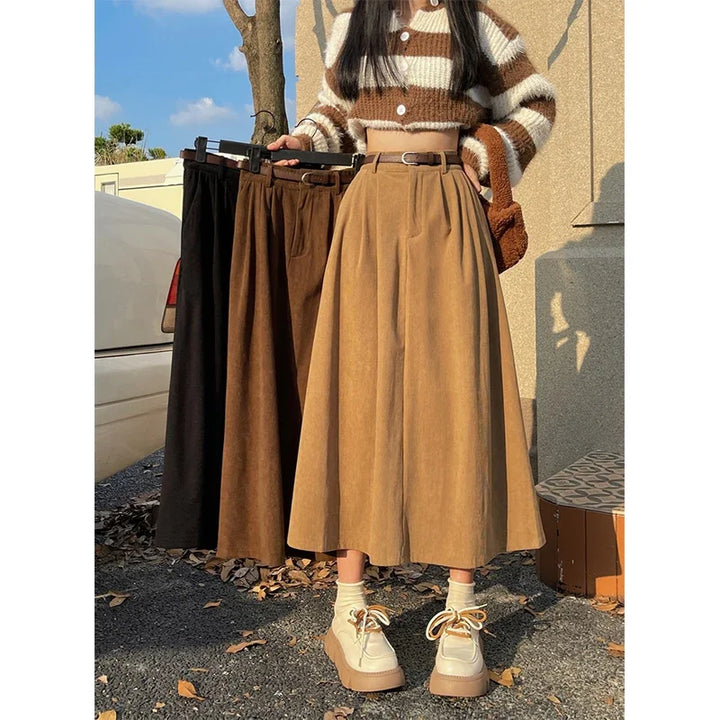 Estelle – Classic Belted Corduroy Midi Skirt