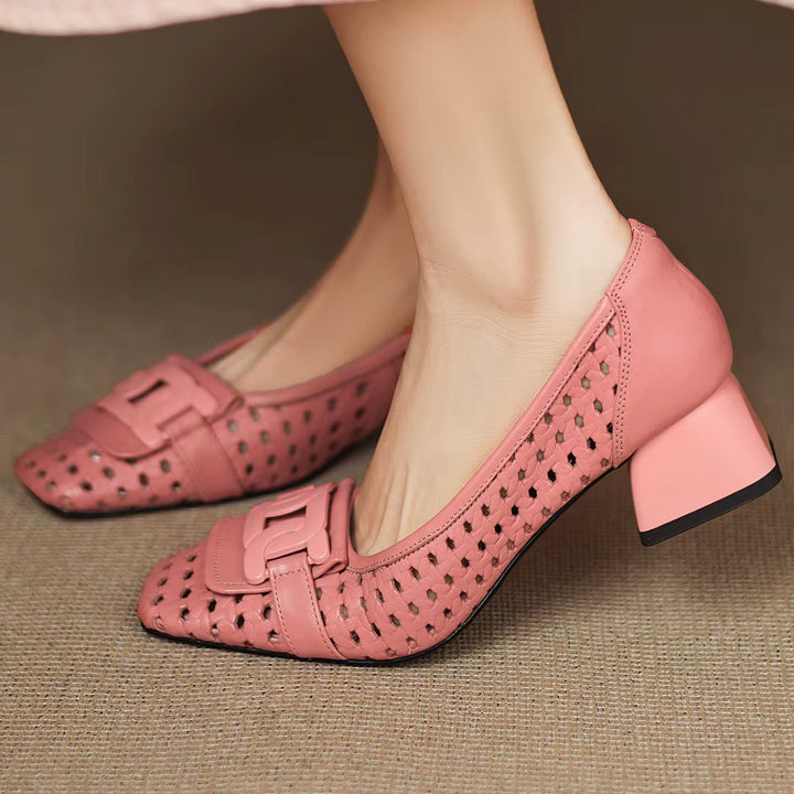 Solène – Perforated Leather Square Toe Heels