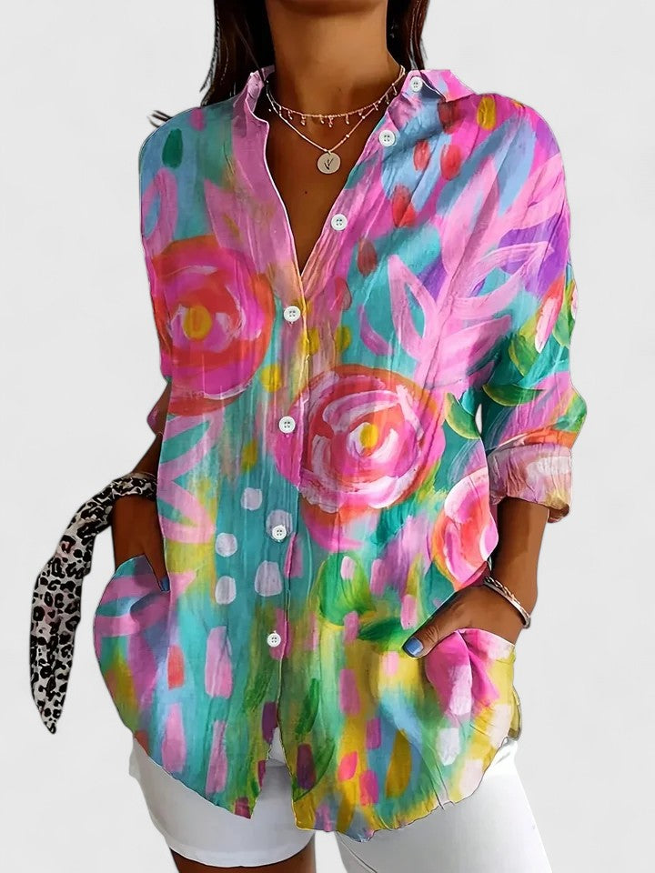 Tessa – Artistic Print Button-Up Blouse
