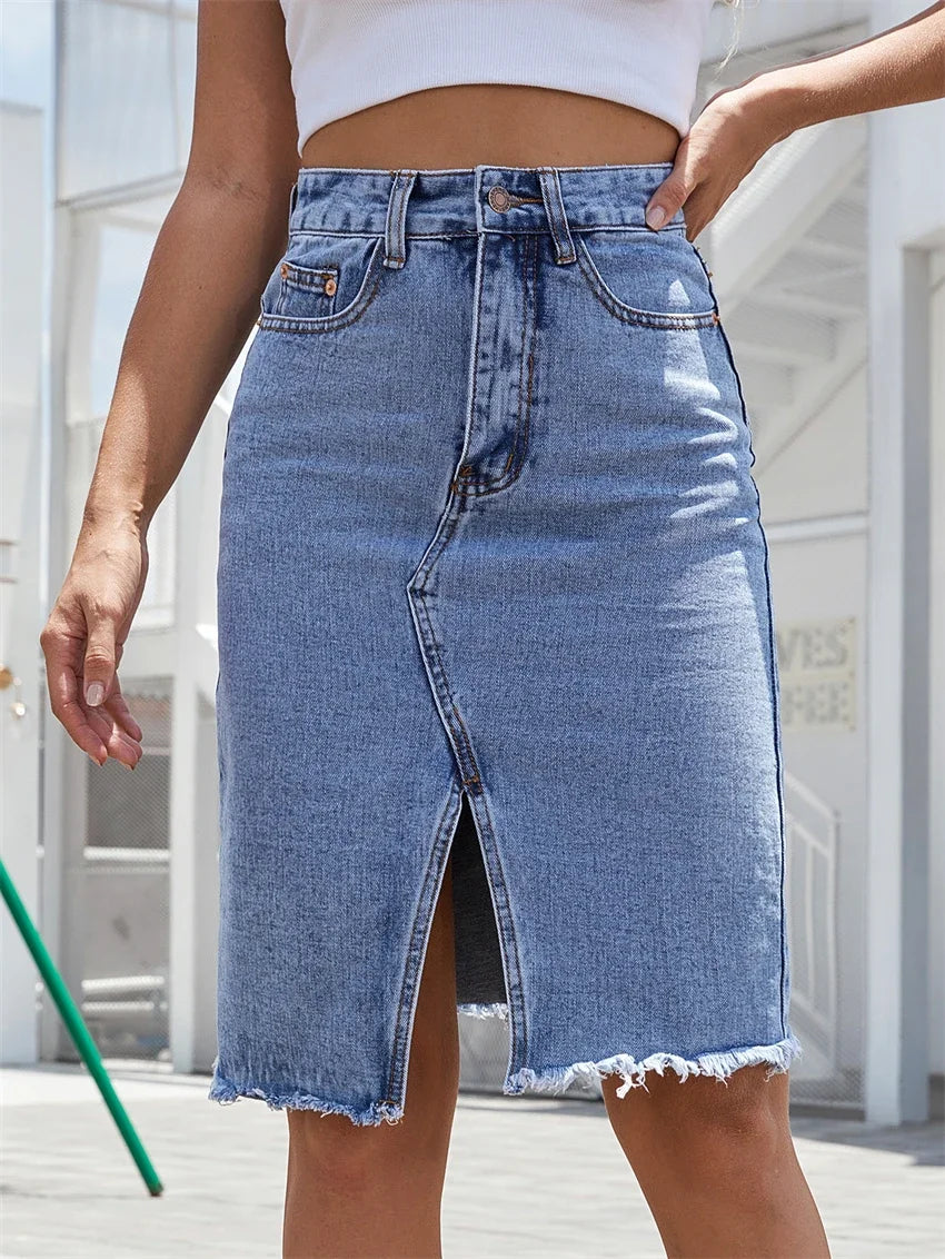 Josie – Casual Slit Midi Denim Skirt