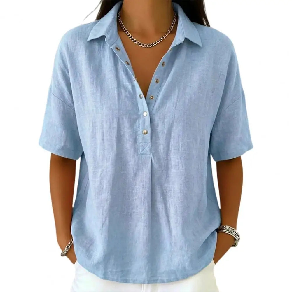 Clara – Linen Snap Button Collar Blouse