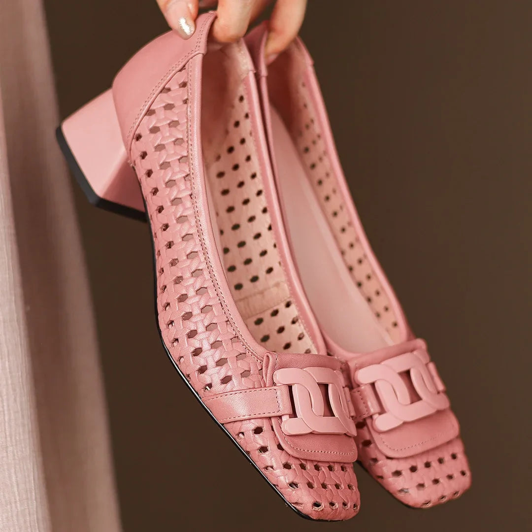 Solène – Perforated Leather Square Toe Heels