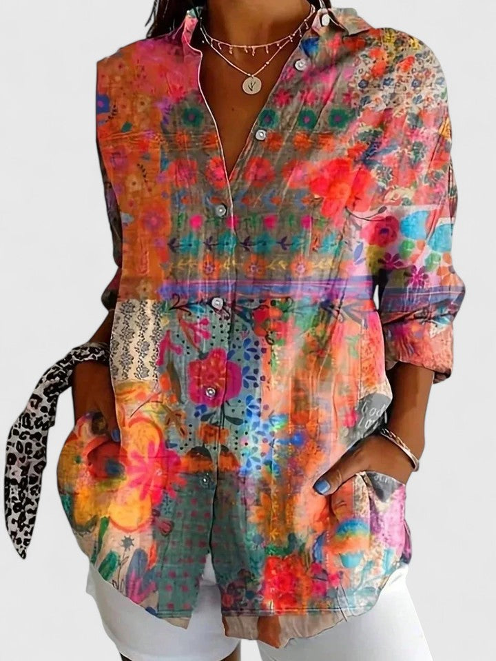 Tessa – Artistic Print Button-Up Blouse