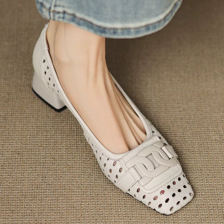 Solène – Perforated Leather Square Toe Heels