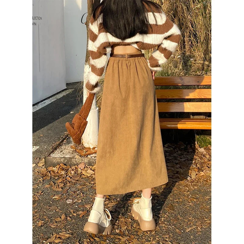 Estelle – Classic Belted Corduroy Midi Skirt