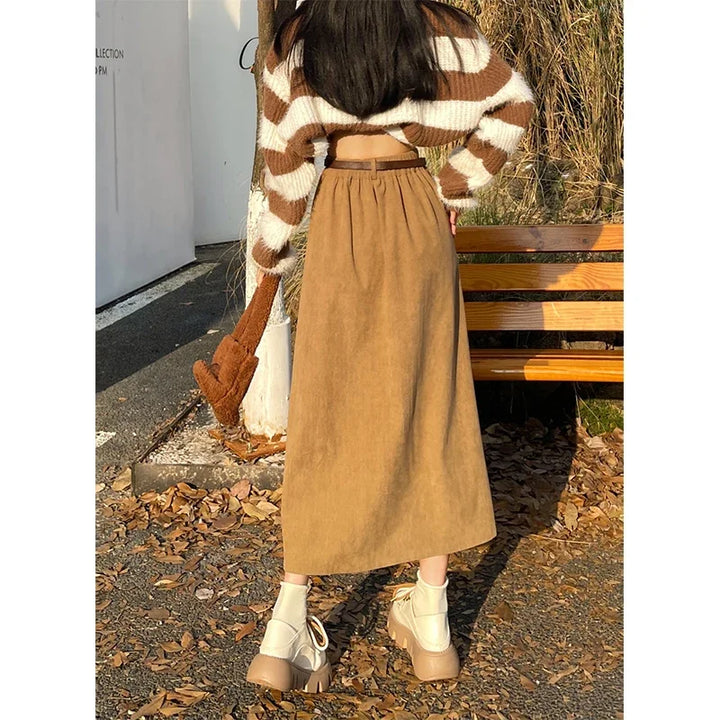 Estelle – Classic Belted Corduroy Midi Skirt