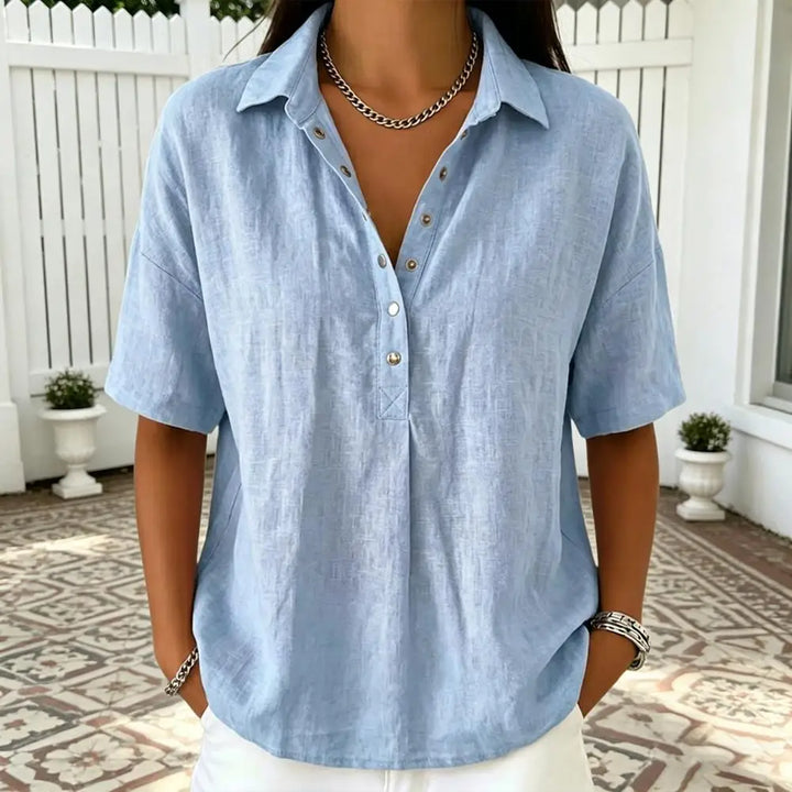 Clara – Linen Snap Button Collar Blouse
