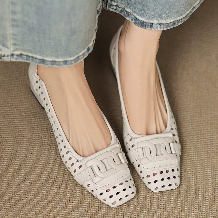 Solène – Perforated Leather Square Toe Heels