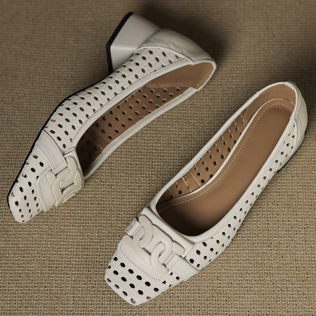 Solène – Perforated Leather Square Toe Heels