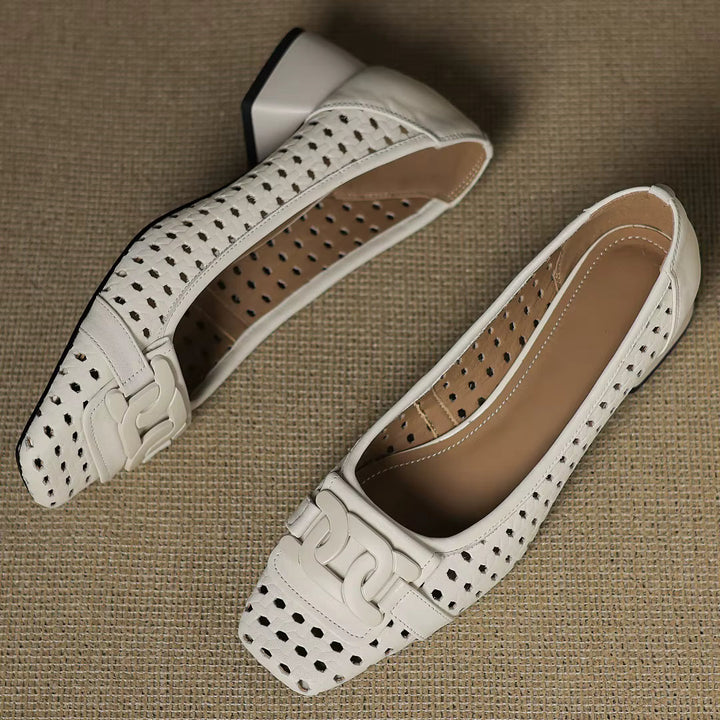 Solène – Perforated Leather Square Toe Heels