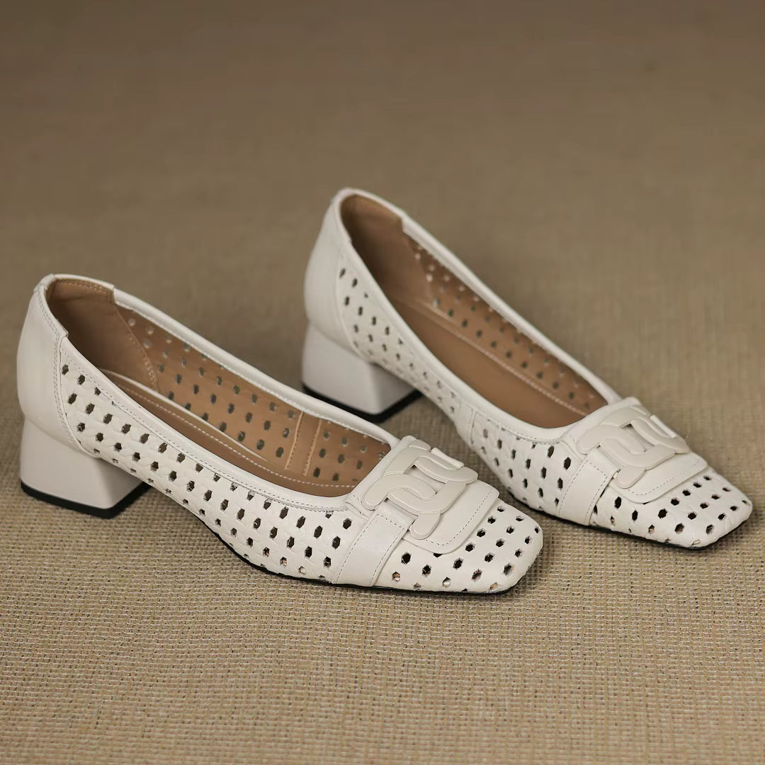 Solène – Perforated Leather Square Toe Heels