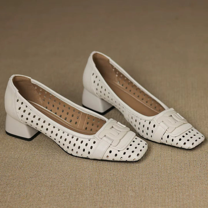 Solène – Perforated Leather Square Toe Heels