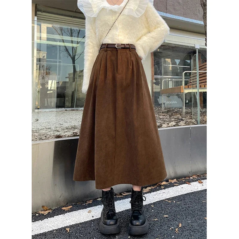 Estelle – Classic Belted Corduroy Midi Skirt