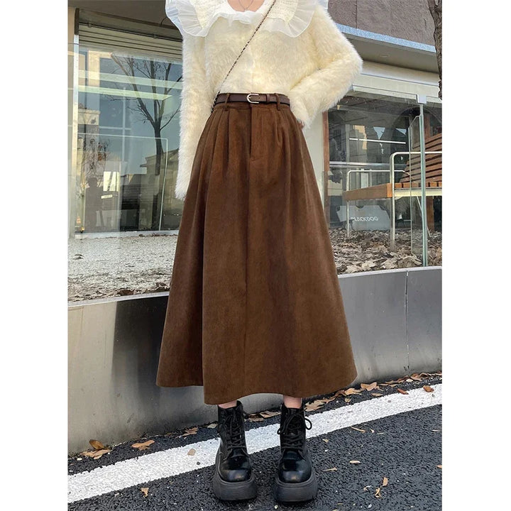 Estelle – Classic Belted Corduroy Midi Skirt