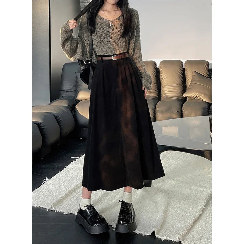 Estelle – Classic Belted Corduroy Midi Skirt