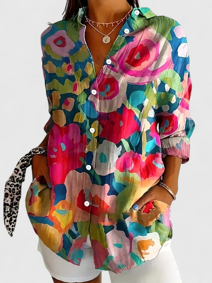 Tessa – Artistic Print Button-Up Blouse