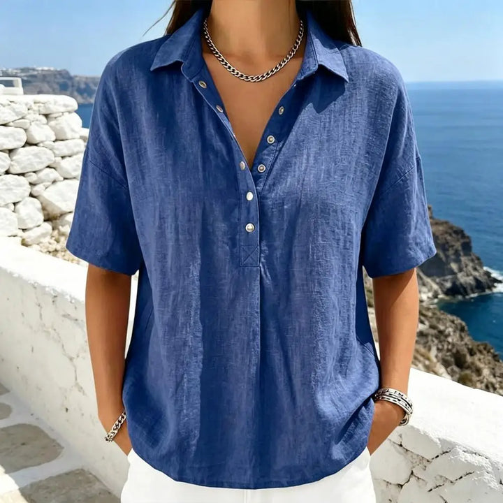 Clara – Linen Snap Button Collar Blouse