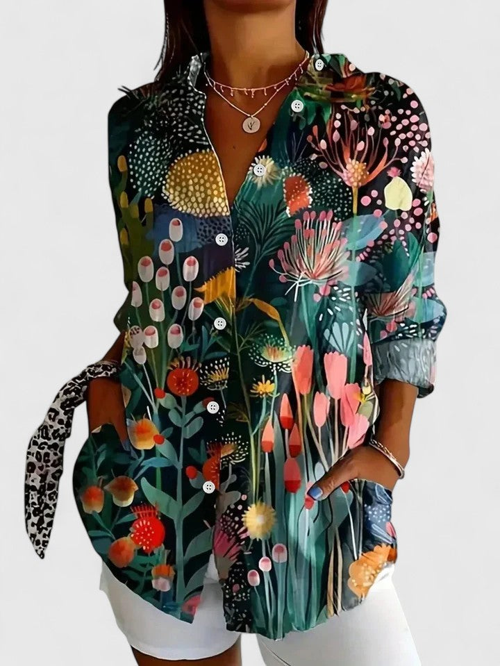 Tessa – Artistic Print Button-Up Blouse