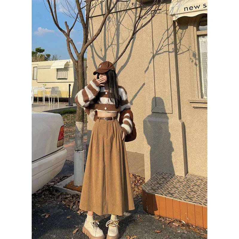Estelle – Classic Belted Corduroy Midi Skirt