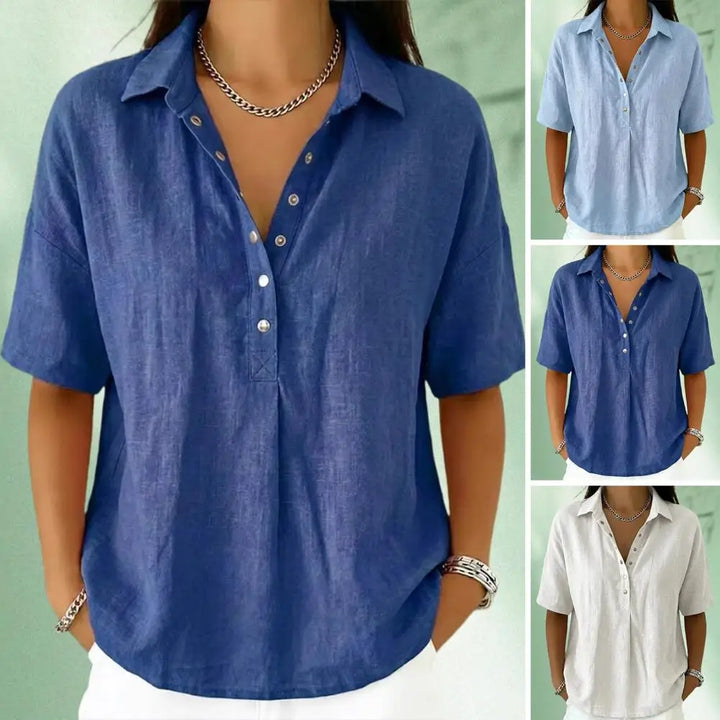 Clara – Linen Snap Button Collar Blouse