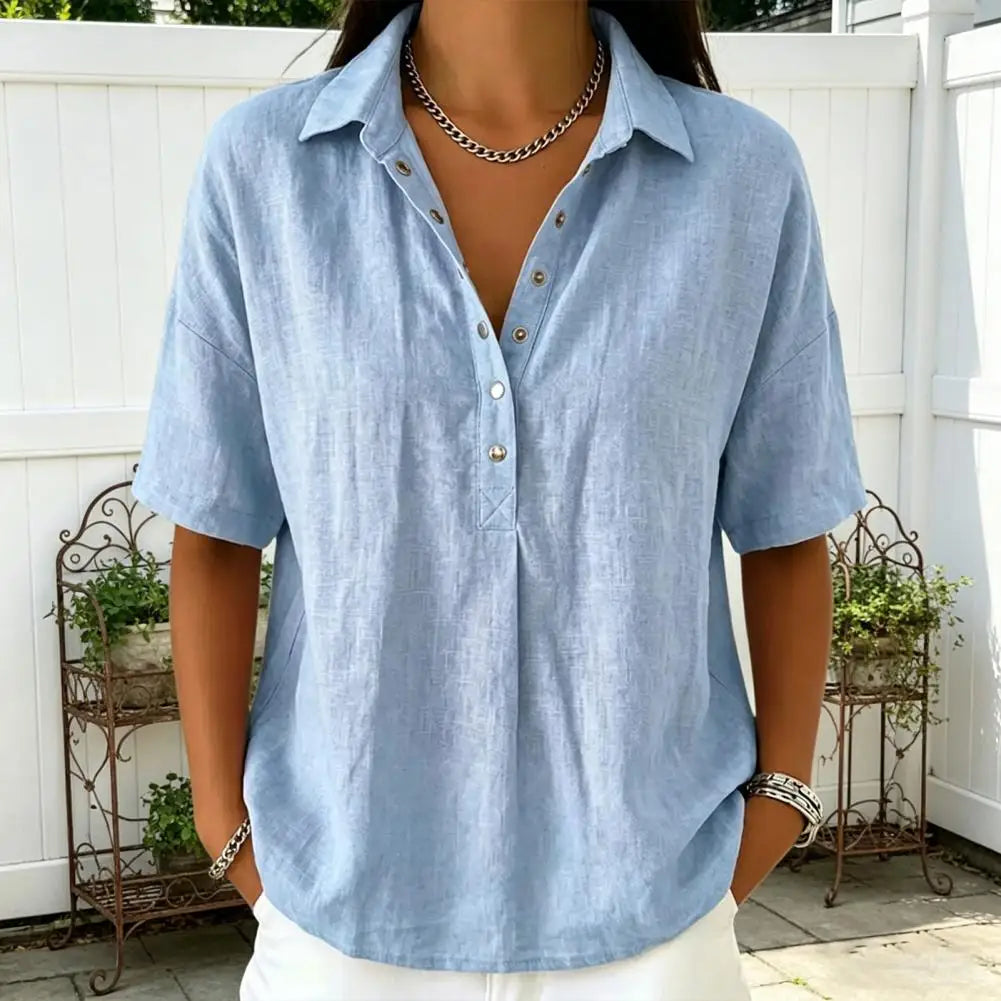 Clara – Linen Snap Button Collar Blouse