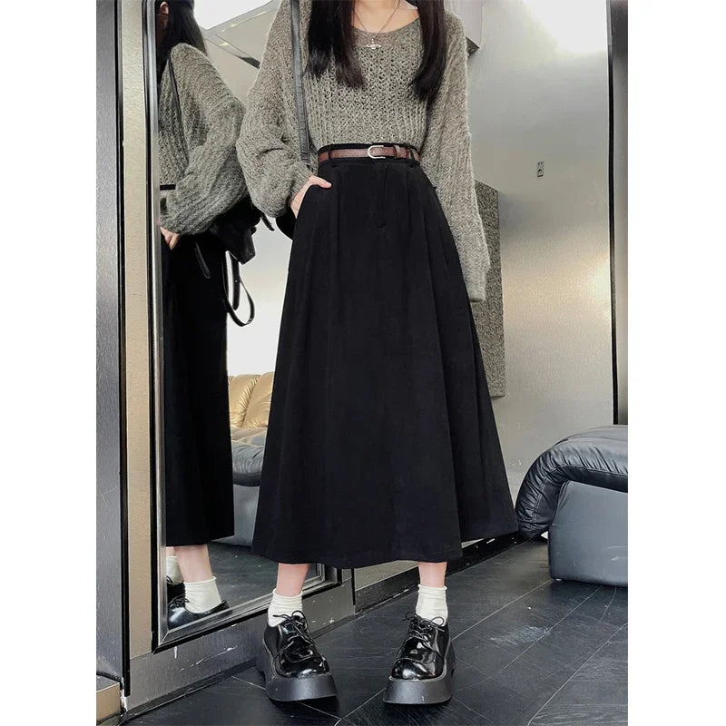 Estelle – Classic Belted Corduroy Midi Skirt