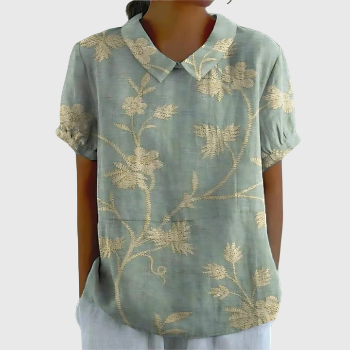 Wendy – Floral Print Short Sleeve Collared Blouse