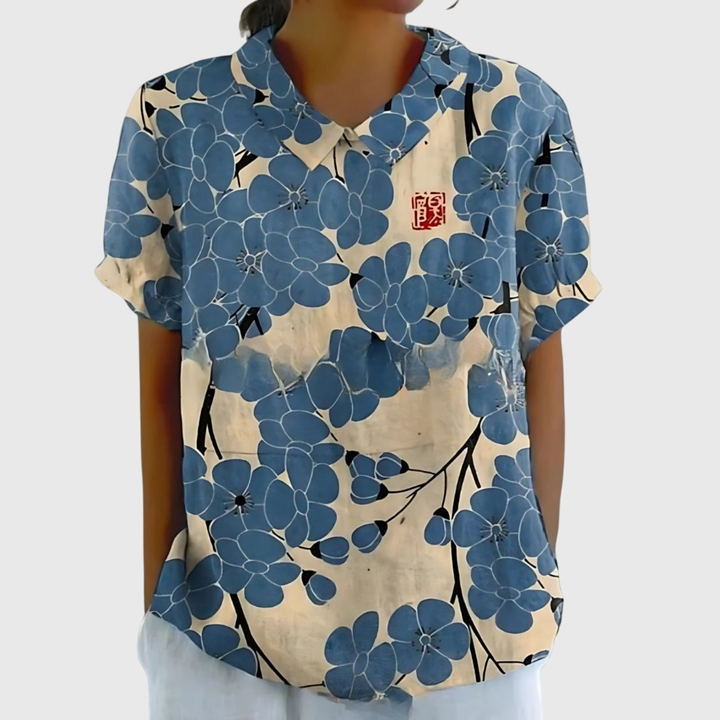 Wendy – Floral Print Short Sleeve Collared Blouse