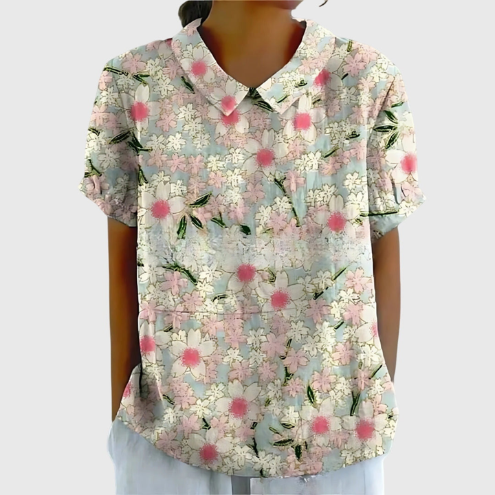 Wendy – Floral Print Short Sleeve Collared Blouse