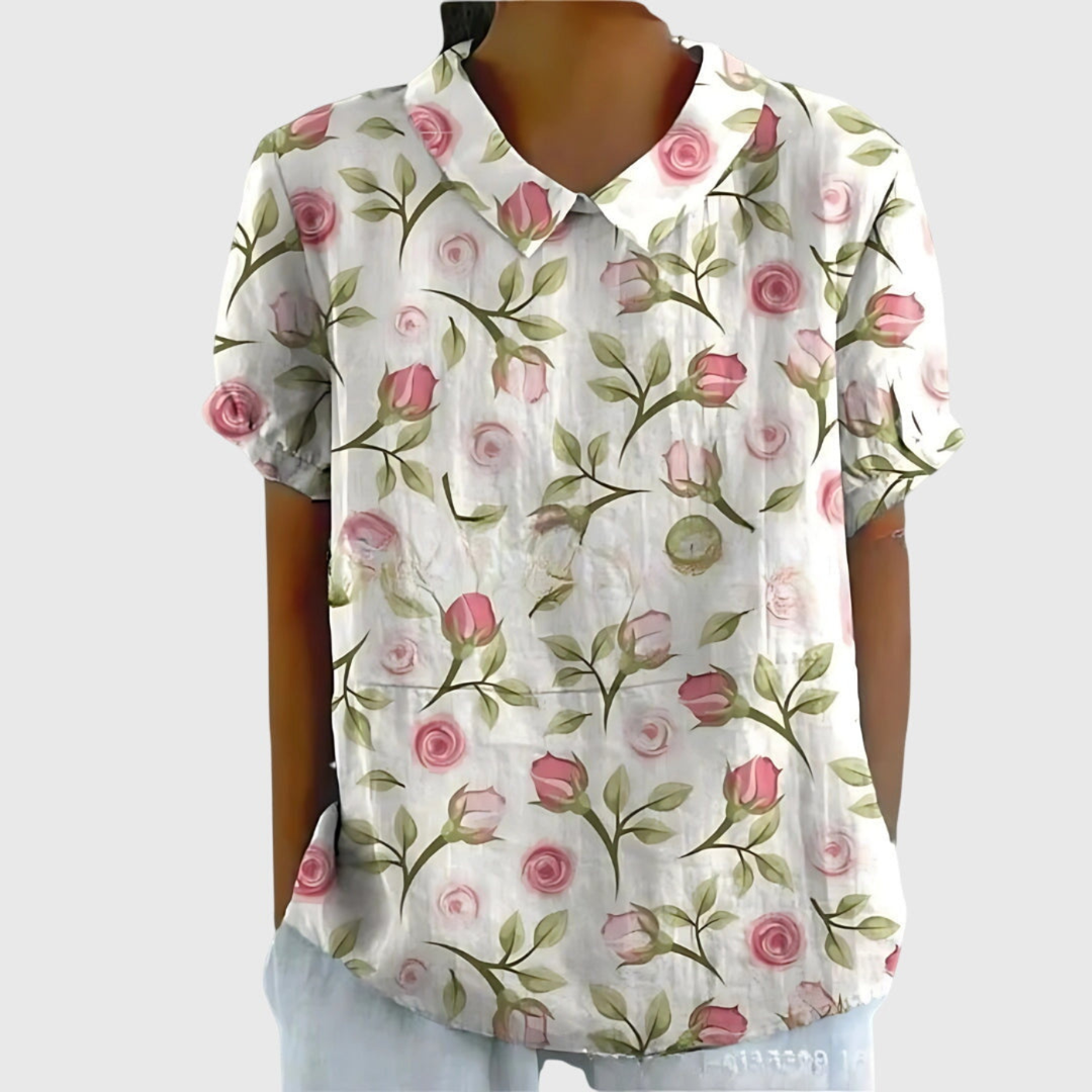 Wendy – Floral Print Short Sleeve Collared Blouse