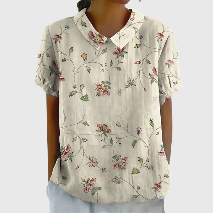 Wendy – Floral Print Short Sleeve Collared Blouse