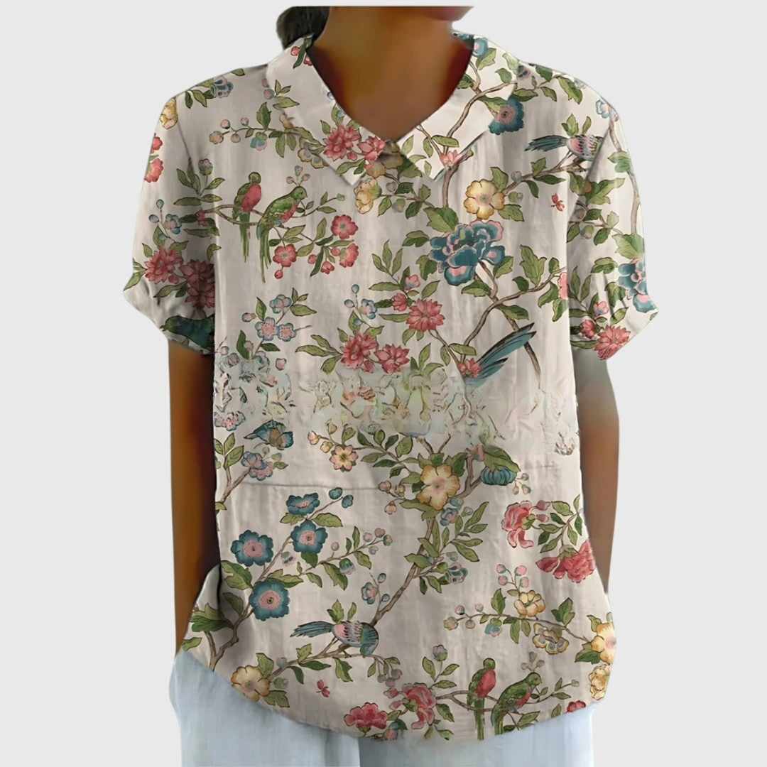 Wendy – Floral Print Short Sleeve Collared Blouse