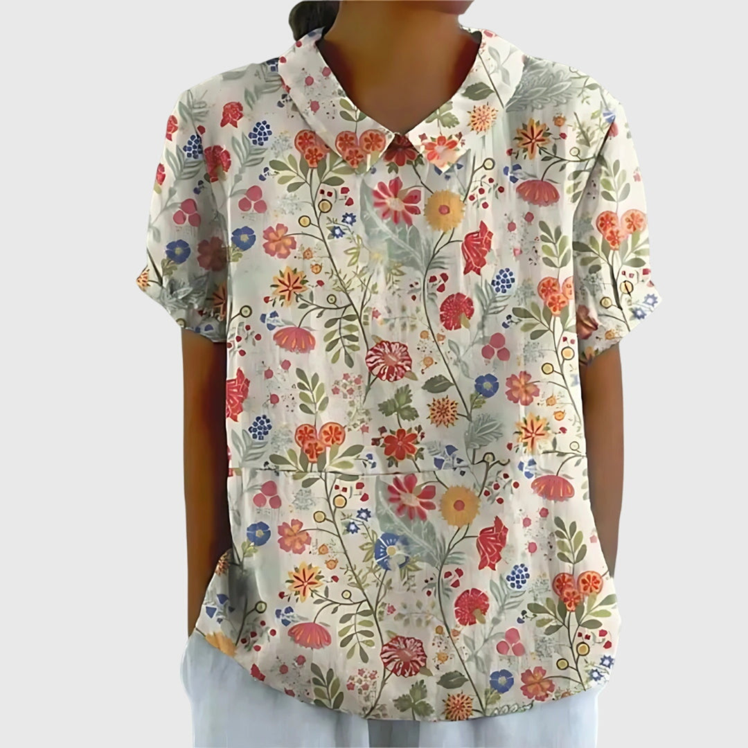 Wendy – Floral Print Short Sleeve Collared Blouse
