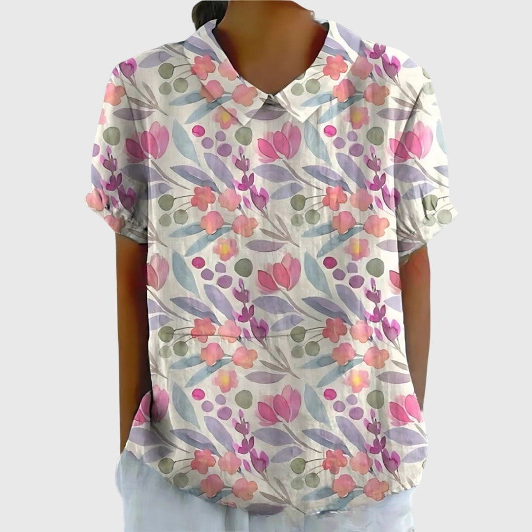 Wendy – Floral Print Short Sleeve Collared Blouse
