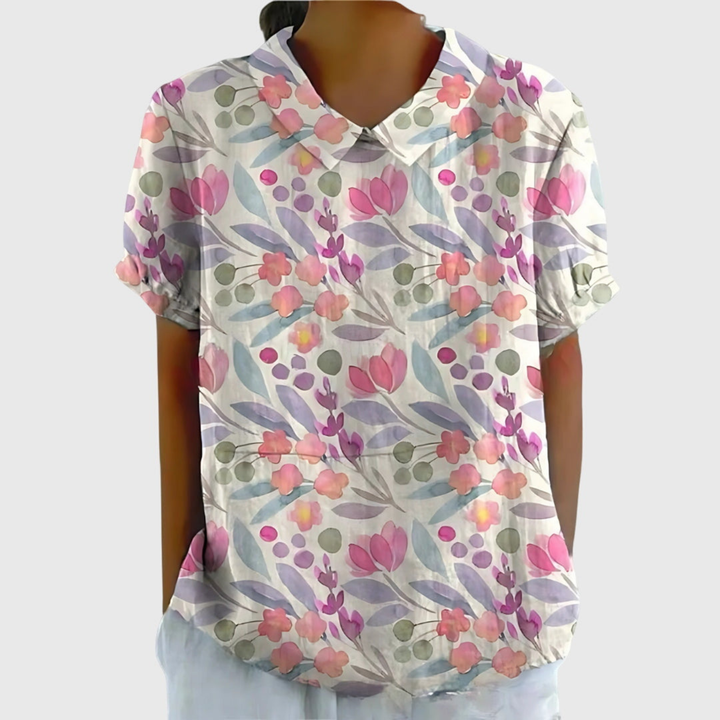 Wendy – Floral Print Short Sleeve Collared Blouse