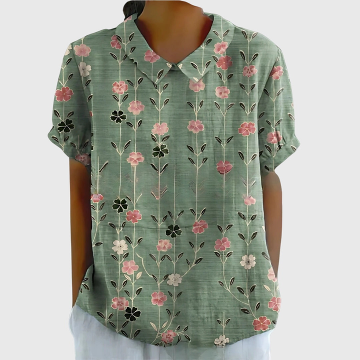 Wendy – Floral Print Short Sleeve Collared Blouse