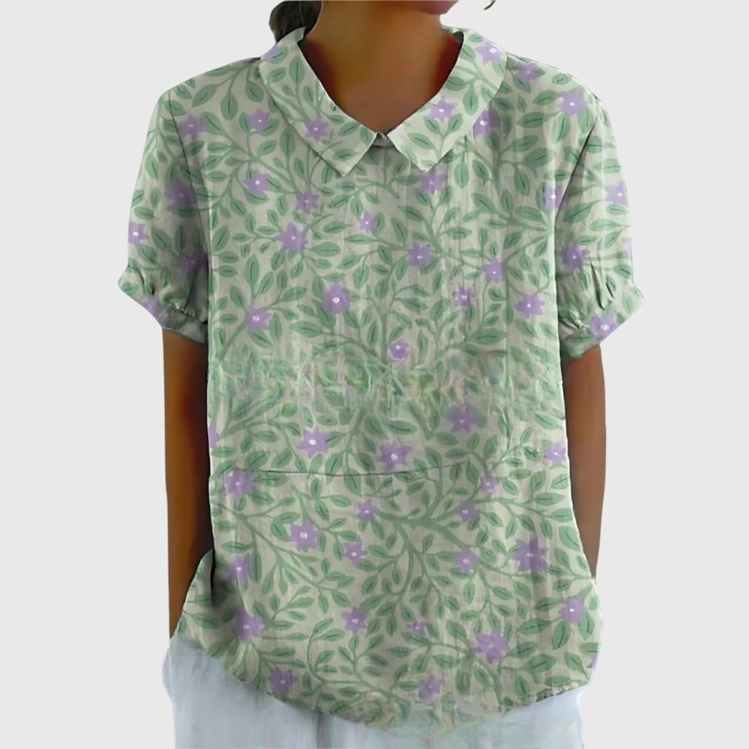 Wendy – Floral Print Short Sleeve Collared Blouse