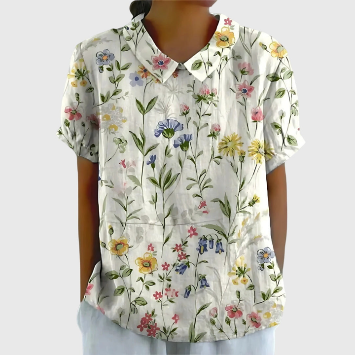 Wendy – Floral Print Short Sleeve Collared Blouse