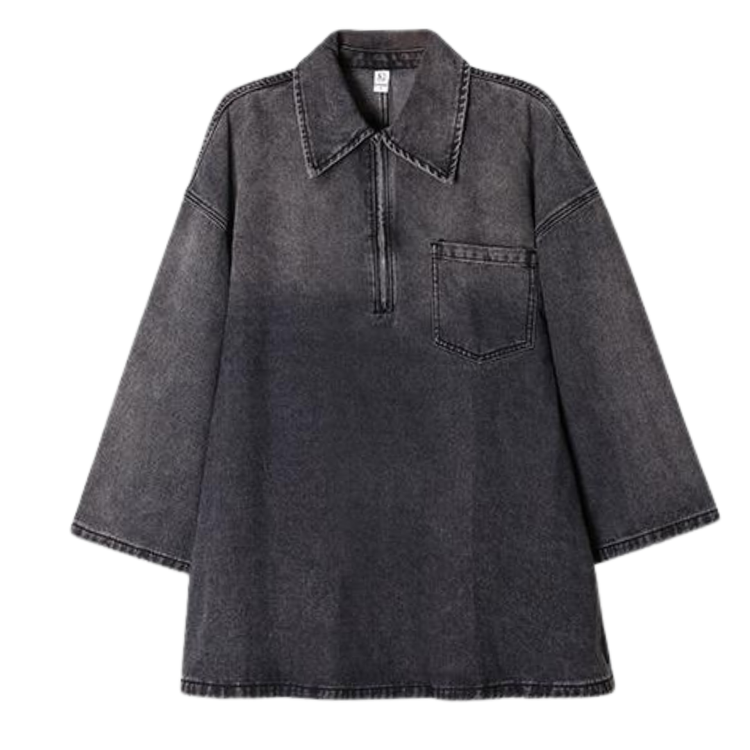 Maria – Loose Fit Half-Zip Collared Denim Dress with Chest Pocket