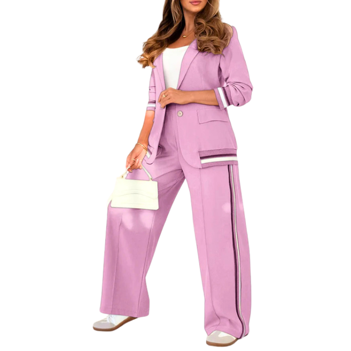 Anthea – Elegant Patchwork Lapel Neck Top and Elastic Waist Trouser Set