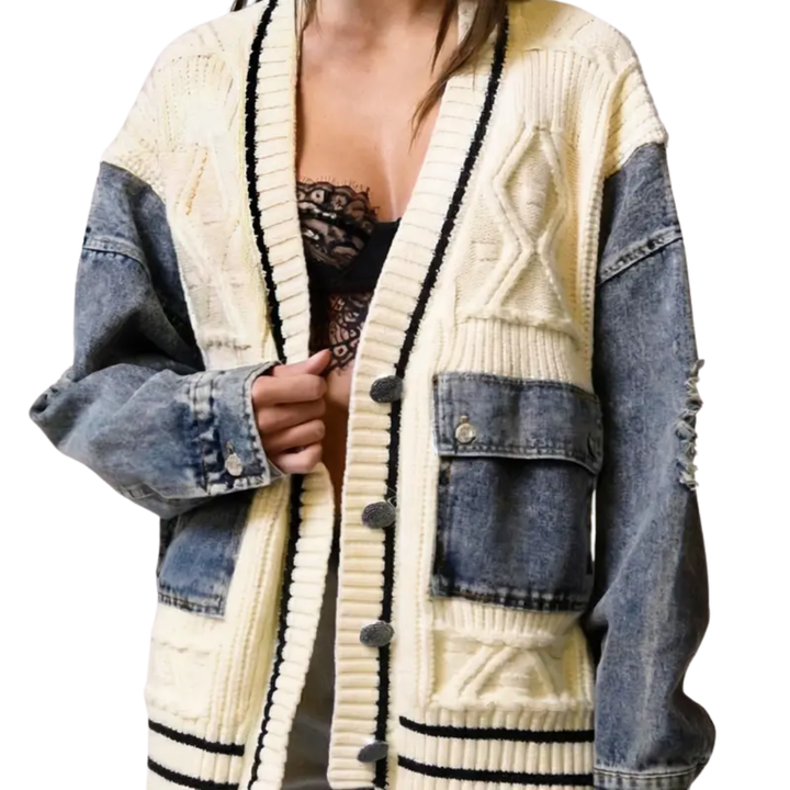 Flannery – Relaxed Denim Patchwork Knit Cardigan
