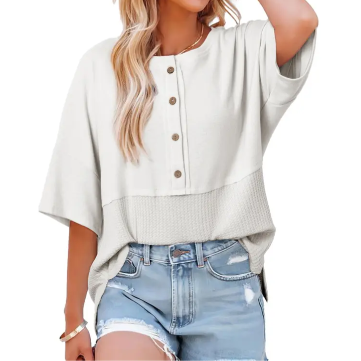 Eileen – Relaxed Waffle Knit Button Blouse