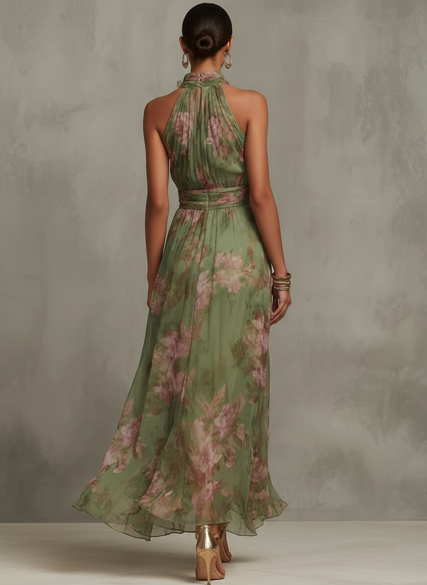 Sheena – Long Floral Chiffon Halterneck Dress