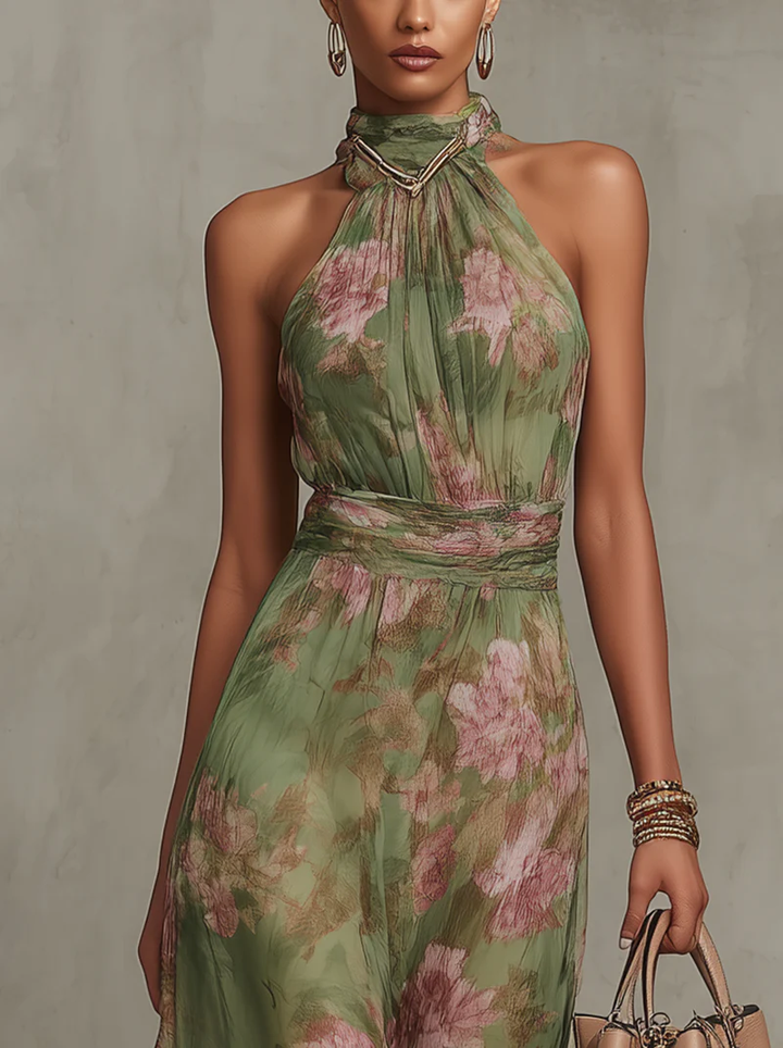 Sheena – Long Floral Chiffon Halterneck Dress